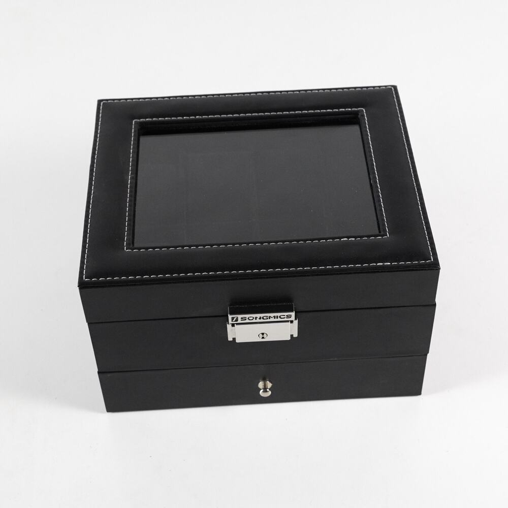 Songmics Black Synthetic Leather Watch Box 8 Slot Glass Window Lid Display Case